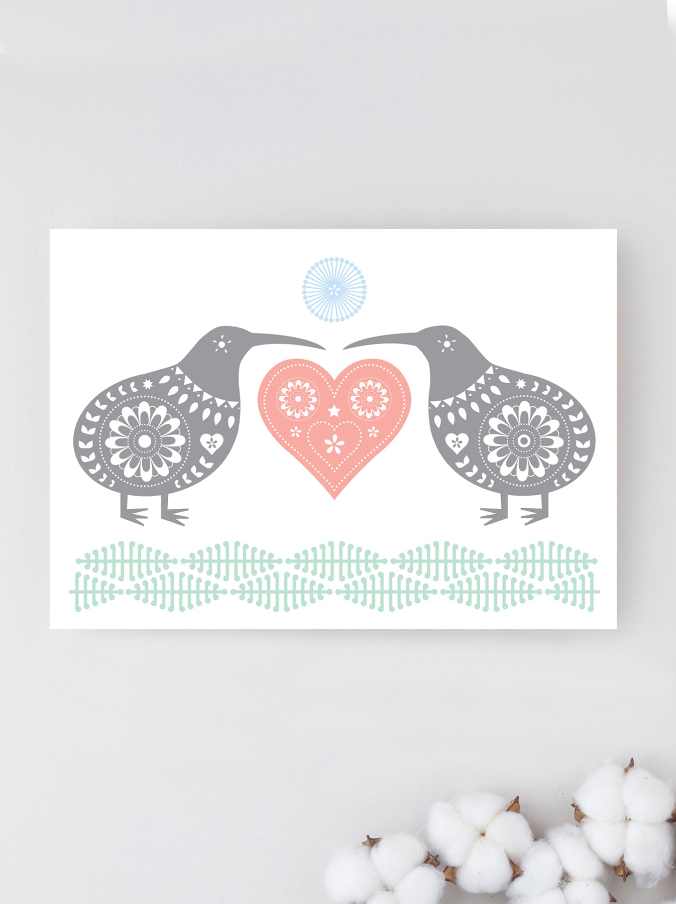 Kiwi Folk Art Love (Aroha), New Zealand Kiwi Bird with Love Heart Engagement or Wedding Greeting Card