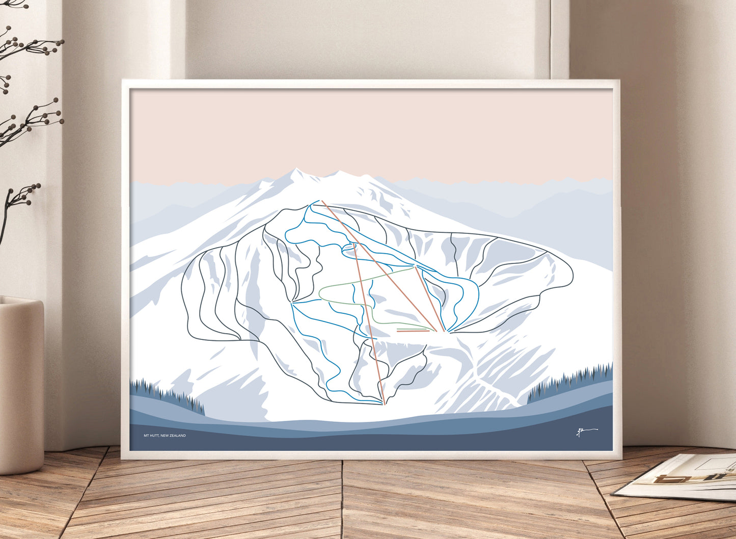MT HUTT, NEW ZEALAND. Mountain Ski Resort Trail Map Art Print