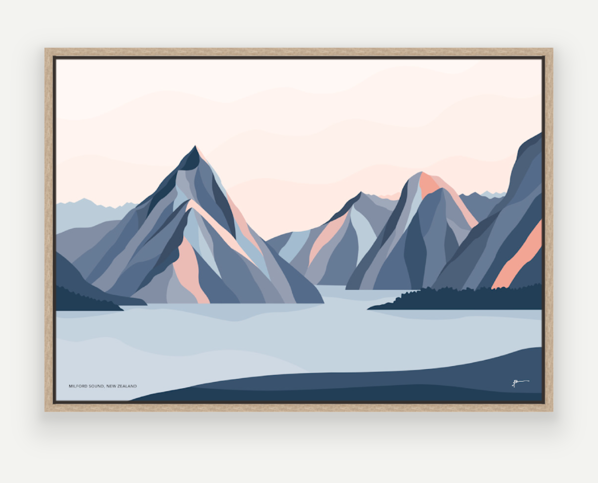 Milford Sound Mountains, New Zealand. Modern Mitre Peak Art Print