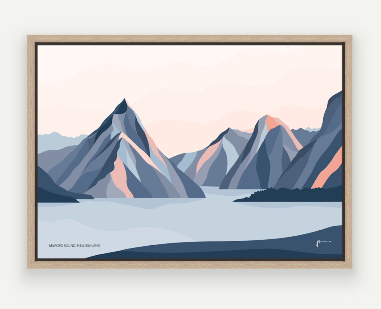 Milford Sound Mountains, New Zealand. Modern Mitre Peak Art Print