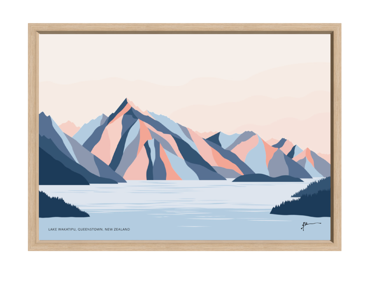 Queenstown Mountains, Lake Wakatipu, Walter Peak. New Zealand. Modern Landscape Travel Art Print