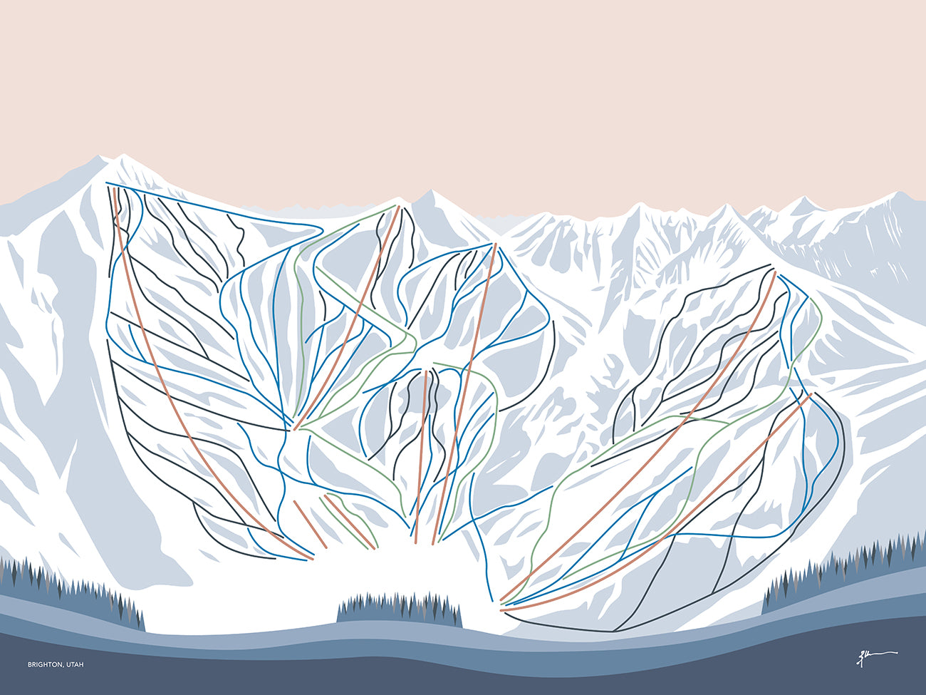 BRIGHTON, Utah. Modern Mountain Trail Map Wall Art