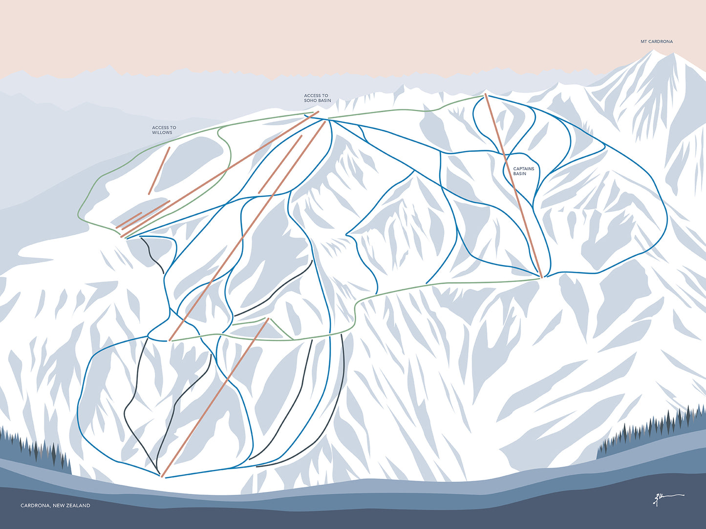 Cardrona Alpine Resort, New Zealand Trail Map Art Print