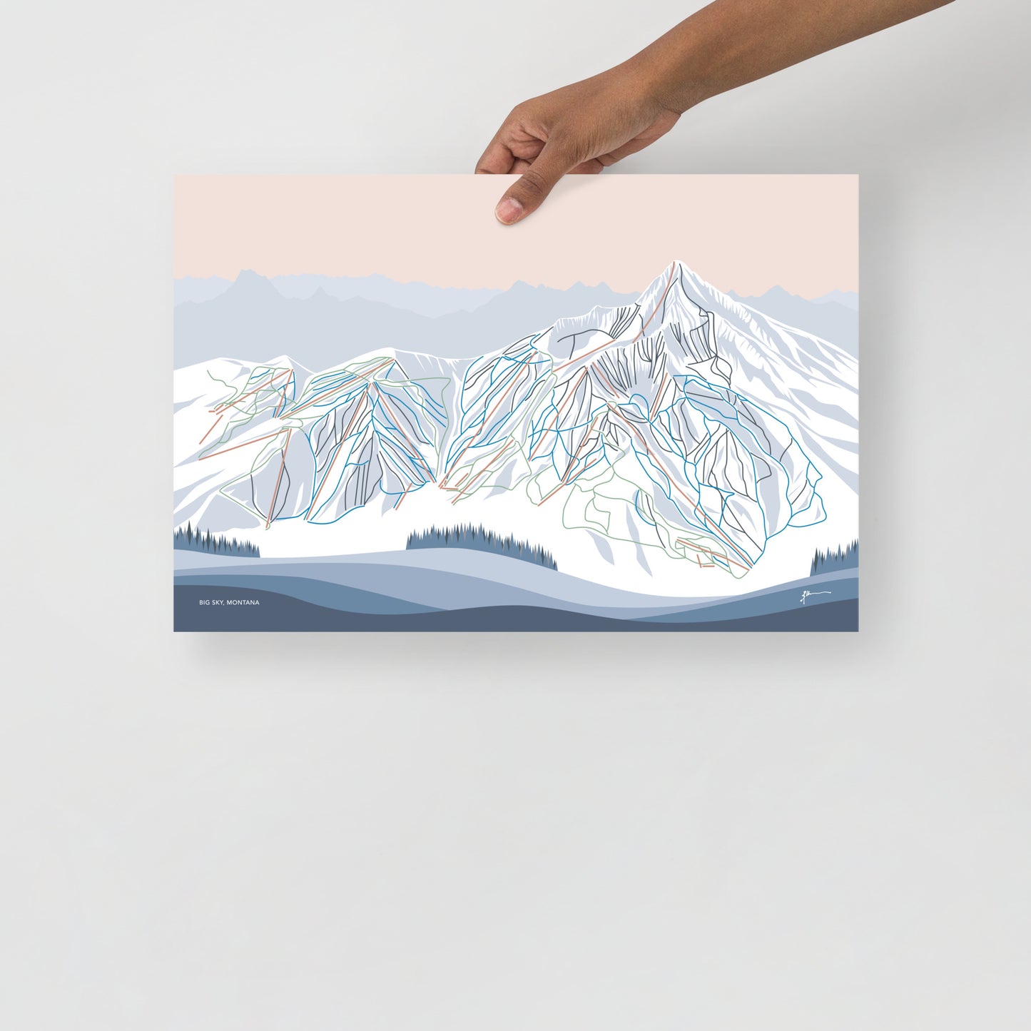 BIG SKY, MONTANA. Modern Mountain Trail Map Wall Art