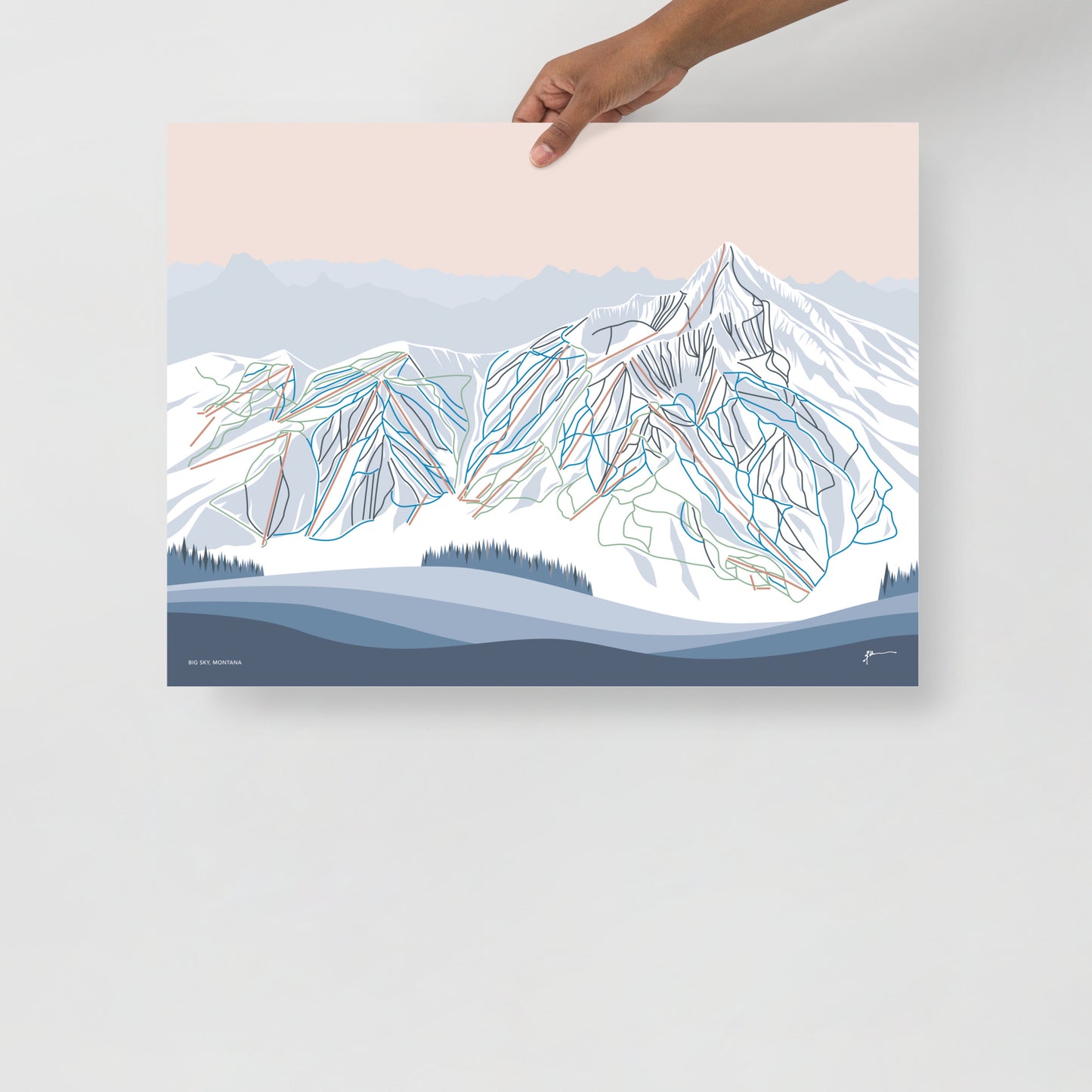 BIG SKY, MONTANA. Modern Mountain Trail Map Wall Art