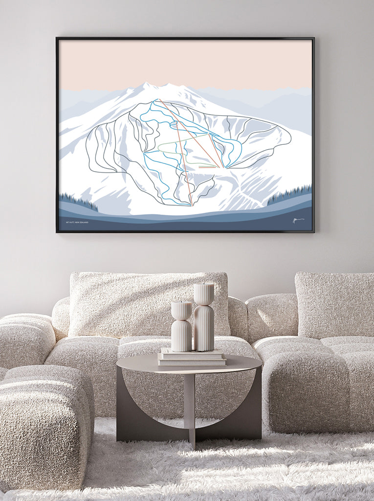 MT HUTT, NEW ZEALAND. Mountain Ski Resort Trail Map Art Print