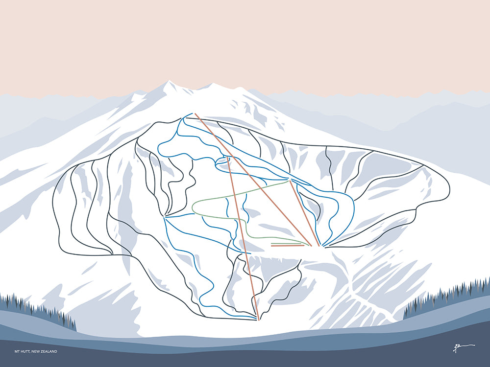 MT HUTT, NEW ZEALAND. Mountain Ski Resort Trail Map Art Print