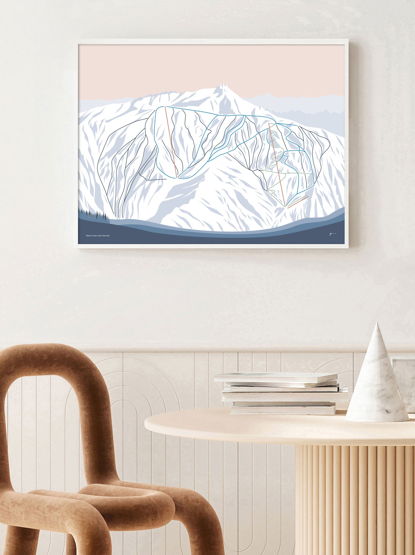 TREBLE CONE, Wanaka, New Zealand Modern Mountain Trail Map Wall Art Print