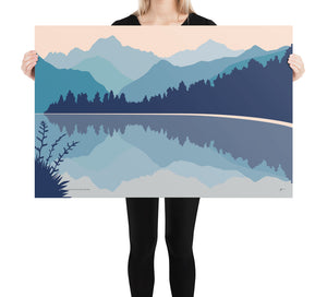 Lake Matheson Art Print, West Coast New Zealand with Aoraki Mount Cook. Modern Mountain Artwork