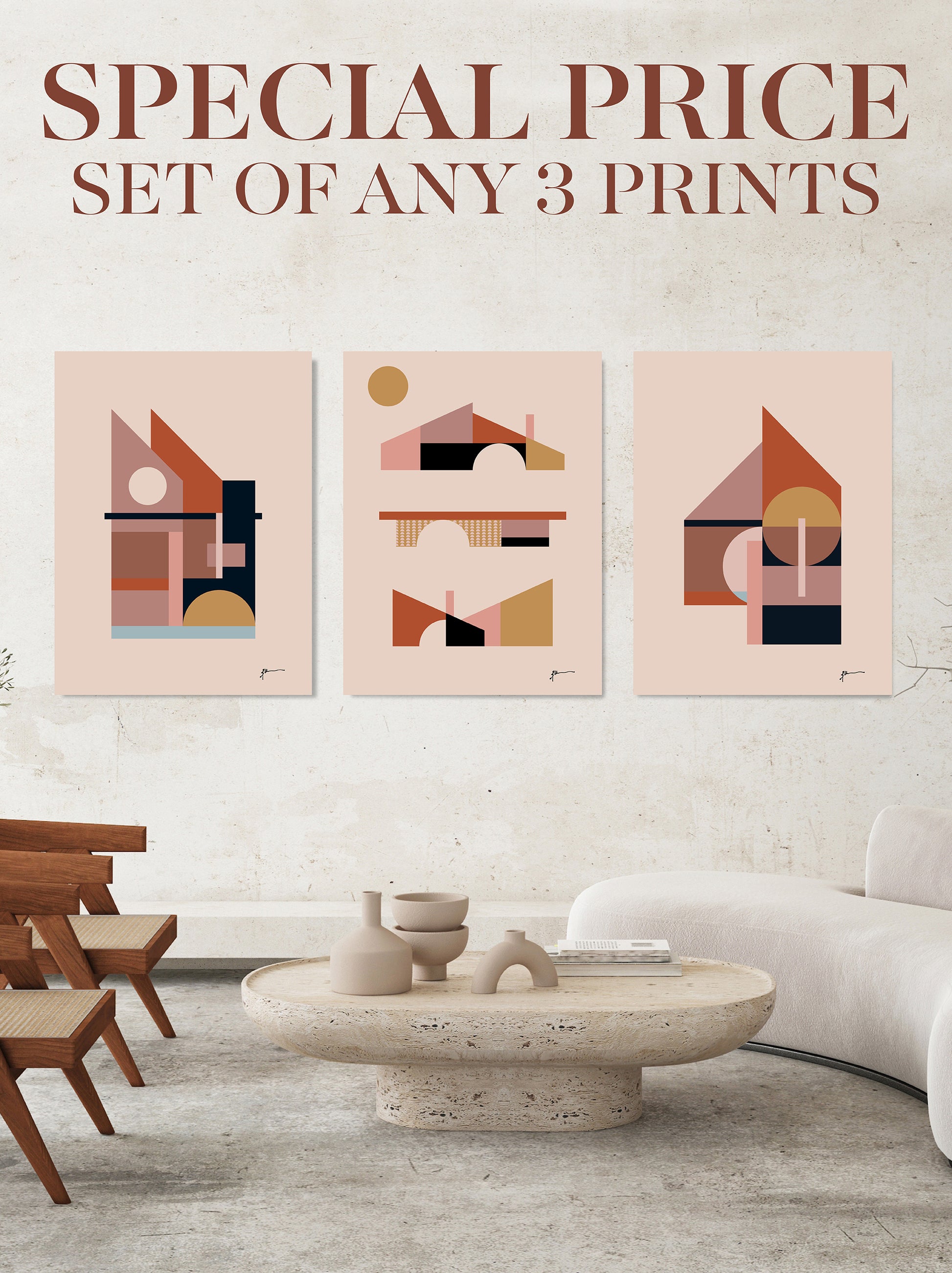 set of 3 mid century art prints