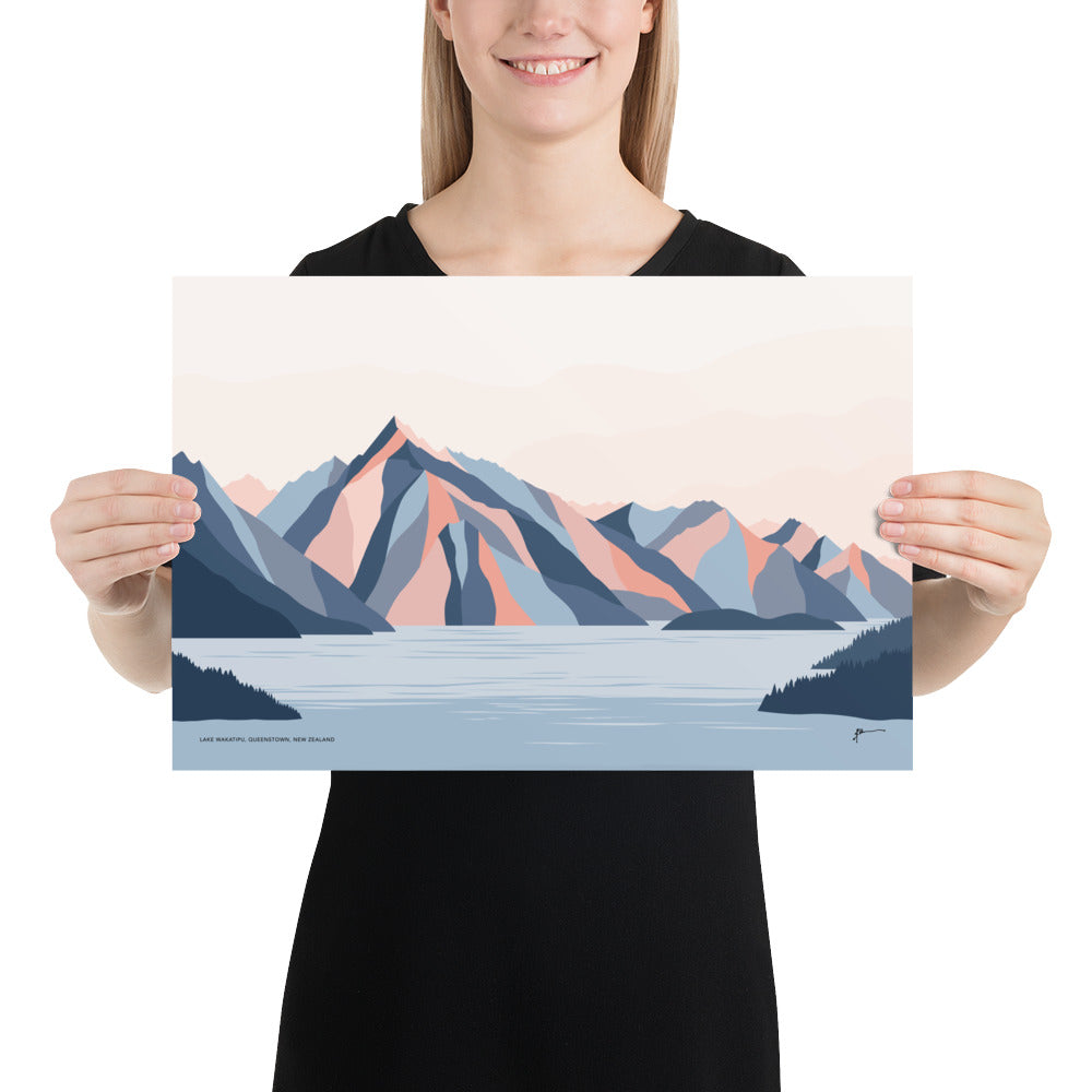 Queenstown Mountains, Lake Wakatipu, Walter Peak. New Zealand. Modern Landscape Travel Art Print