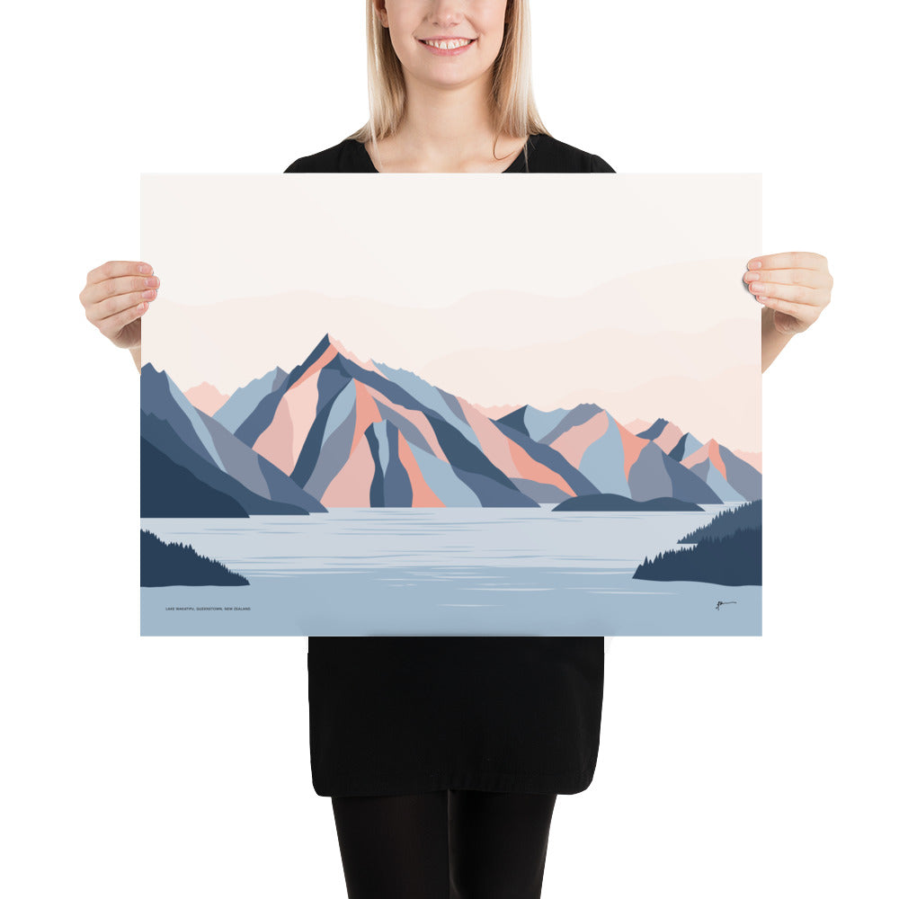 Queenstown Mountains, Lake Wakatipu, Walter Peak. New Zealand. Modern Landscape Travel Art Print