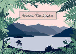 Lake Wanaka Native - Contemporary Mountain  Landscape Greeting Card of Lake Wanaka framed with New Zealand Native Plants