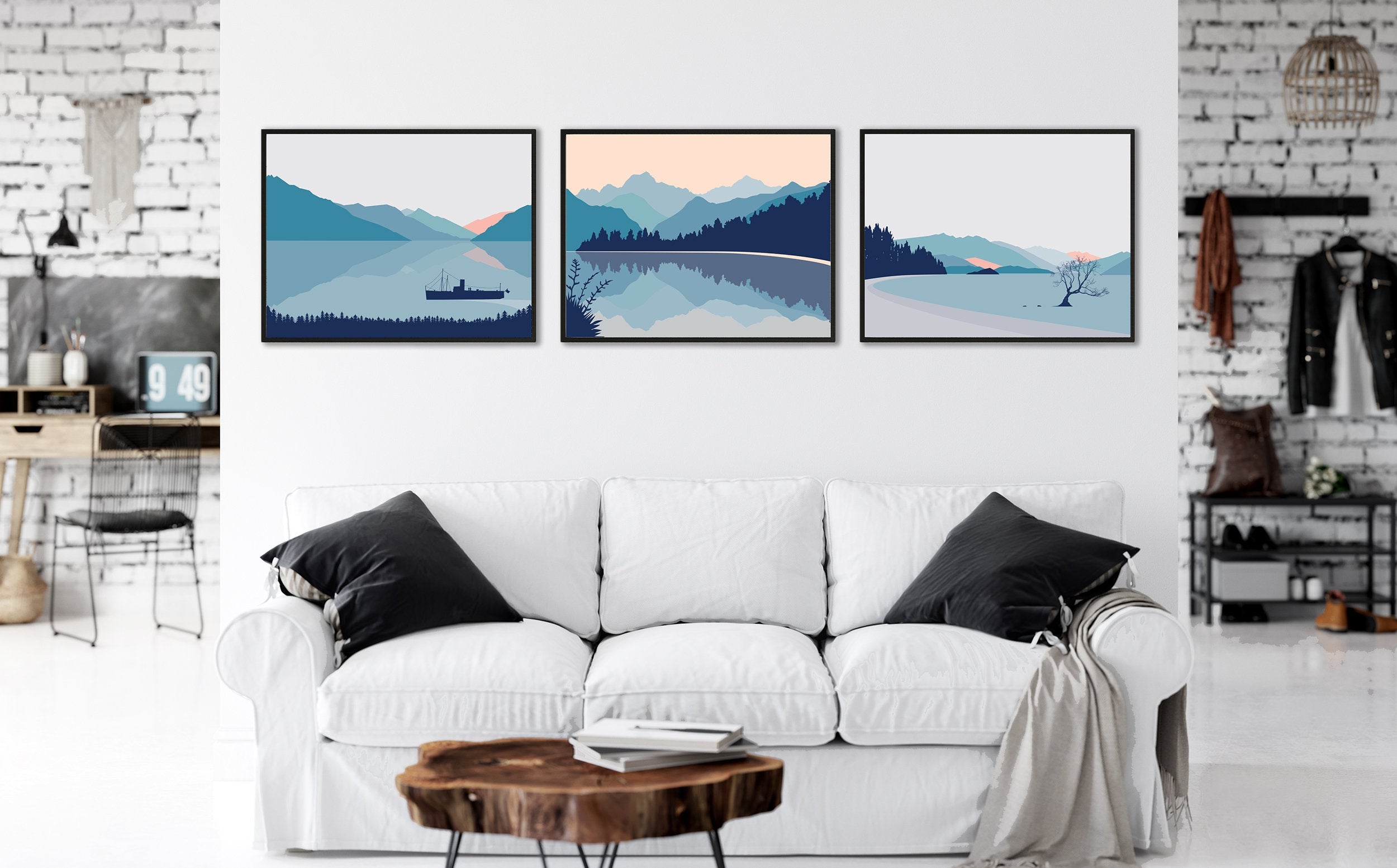 set of 3 modern mountain landscape art prints