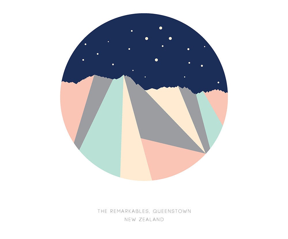 The Remarkables Mountain Range Night Sky Southern Cross, Queenstown New Zealand. Geometric Art Print