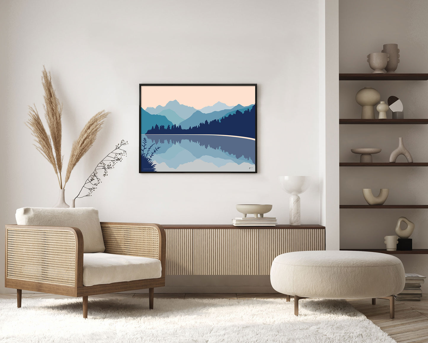 modern mountain art print Lake Matheson NZ