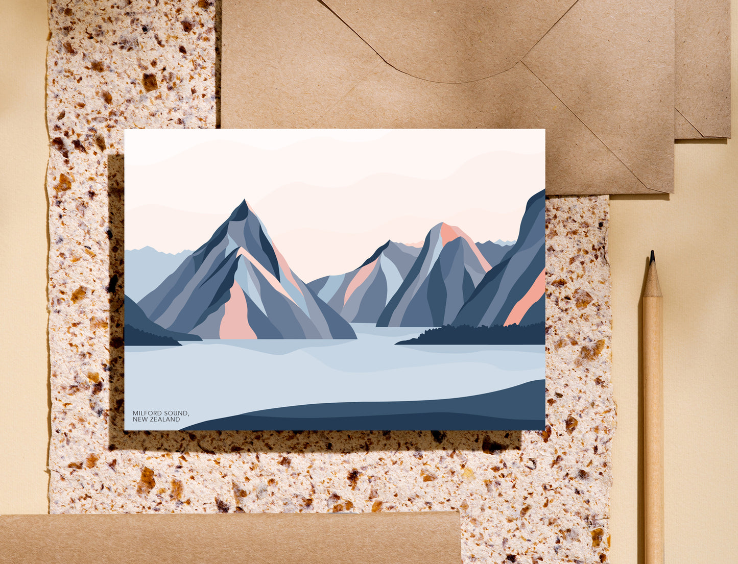 Milford Sound Mountains, New Zealand. Modern Mitre Peak Greeting Card