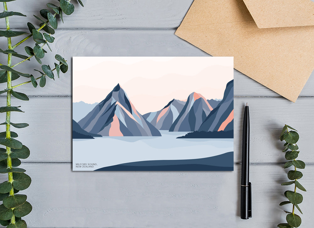 Milford Sound Mountains, New Zealand. Modern Mitre Peak Greeting Card